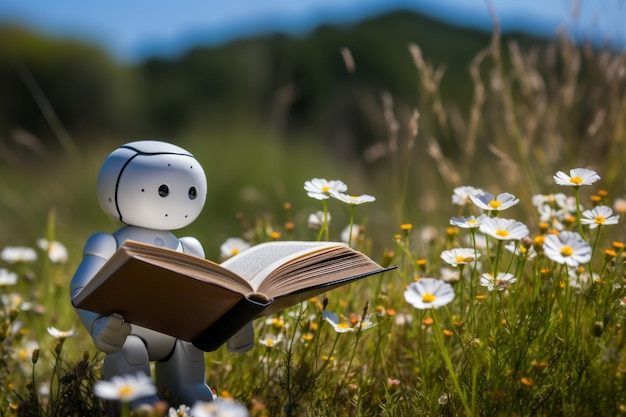 Harmony of nature and technology cute robot engrossed in reading a book in a serene summer meadow