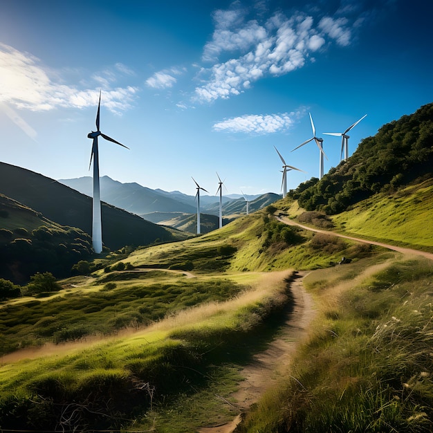 Harmony of Nature and Technology Windmills in a Windy Mountainscape