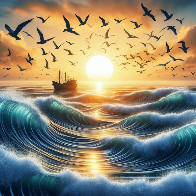 Harmony of Nature A Tranquil Sunrise at Sea with Birds and a Boat