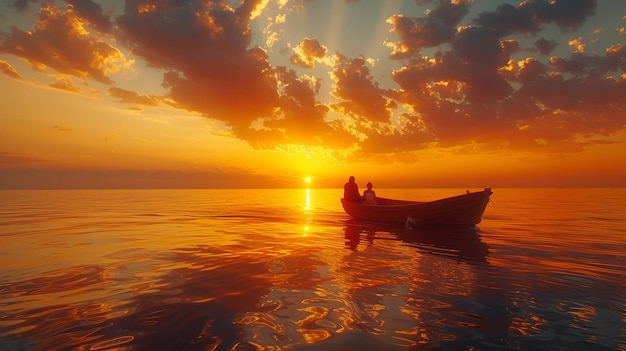 Harmony at Sea Diverse Couple NonBinary and Female Embracing on Sunset Sail in Tranquil Waters