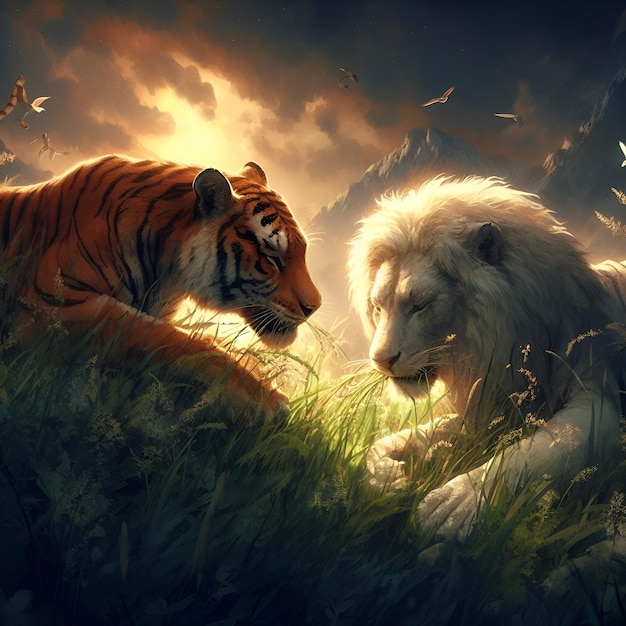 Harmony in the Wild Majestic Tiger and Lion Feast on the Green Plains in Unison