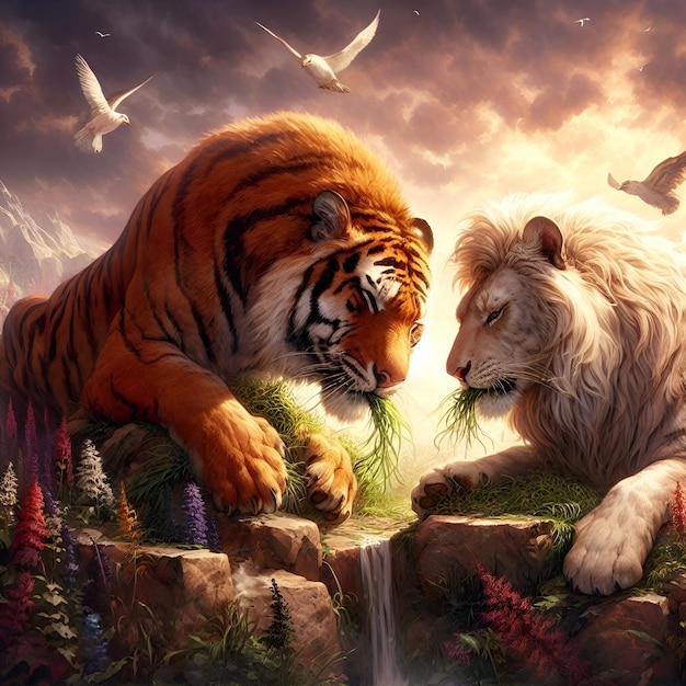 Harmony in the Wild Majestic Tiger and Lion Feast on the Green Plains in Unison