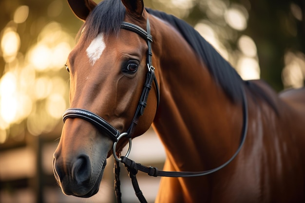 Harnessed lose up head brown horse