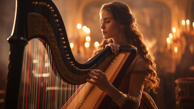 Harp player during a classical concert music