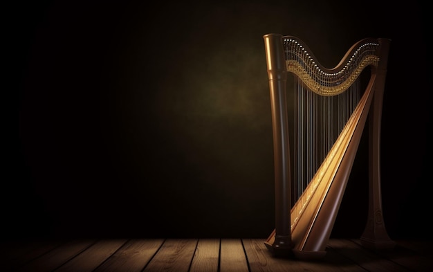 A harp sits on a wooden floor with a dark background.