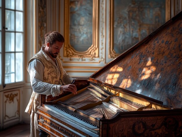 Photo harpsichord player in historic mansion