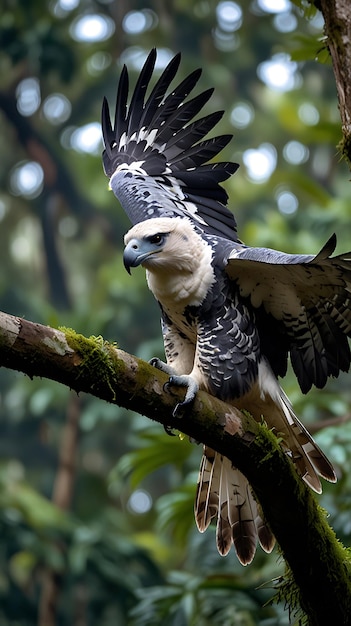 Harpy eagle soaring above rainforest canopy