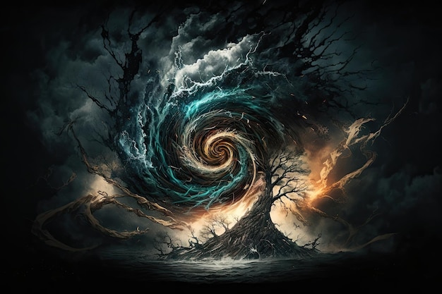 Harrowing and fearful chaos tornado on black background digital illustration