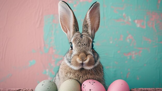 harry bunny with cute eggs on a pink background in the style of digital mixed media