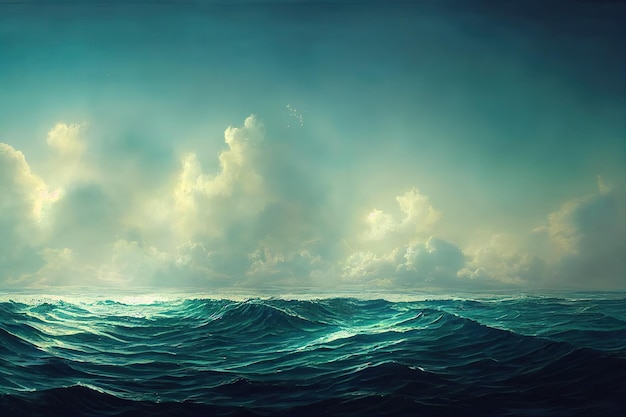 Harsh ocean with large sea waves Wavy and beautiful sea The Pacific Ocean is raging Digital illustration digital painting