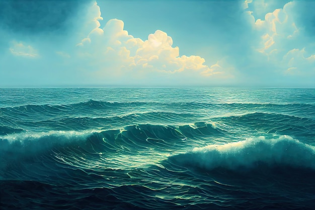 Harsh ocean with large sea waves Wavy and beautiful sea The Pacific Ocean is raging Digital illustration digital painting