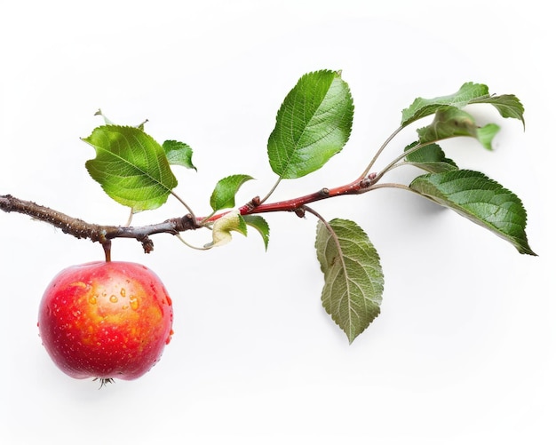 Photo harvest apple leaves ripe red apple on branch with juicy leaves in garden setting