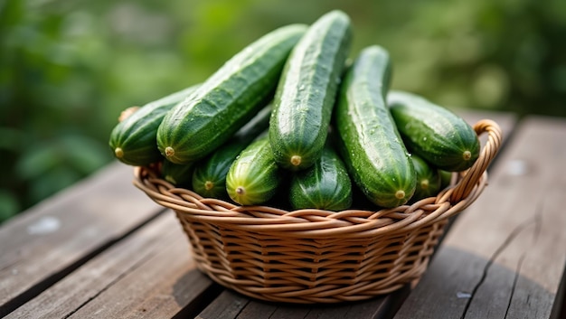 Photo harvest bounty fresh cucumbers on rustic table