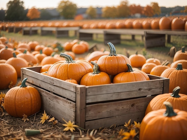 Harvest Bounty Pumpkins in a Wooden Box at the Pumpkin Patch