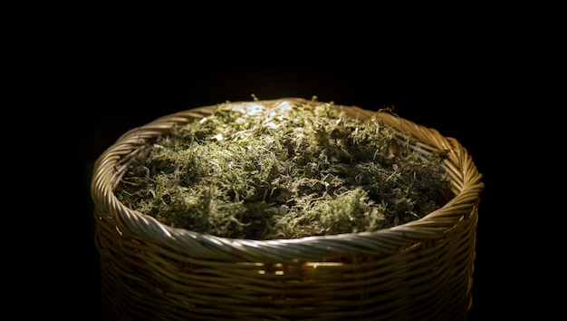 Harvest cannabis with dried bud on wood rattan basket