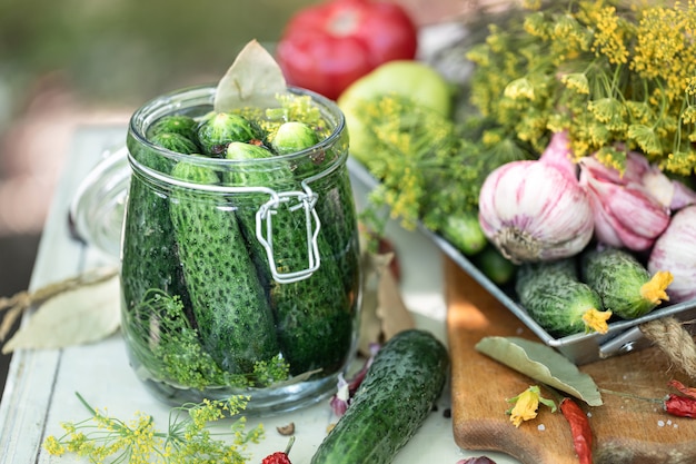 Harvest cucumbers. Fresh cucumbers in a glass jar, herbs and spices for pickling.