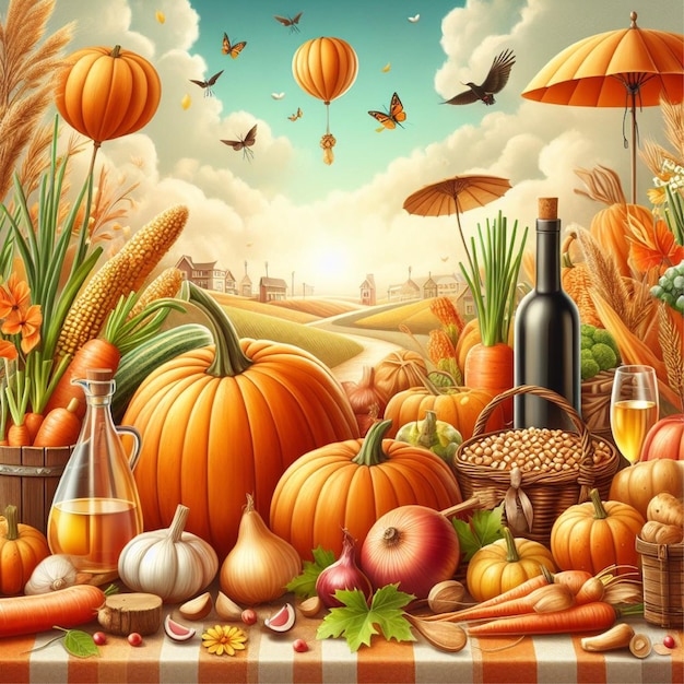 Harvest Festival Pumpkin Carrot Onions Harvesting Happy Thanksgiving Day Background AI Generate