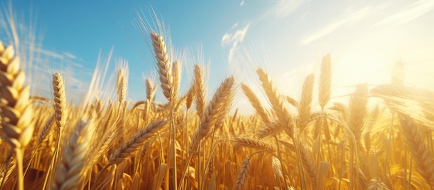 harvest golden wheat crop season fields swaying in the wind during the day with a clear sky