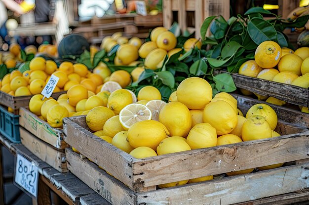 Harvest heap of fresh ripe organic yellow lemon at local farmers market