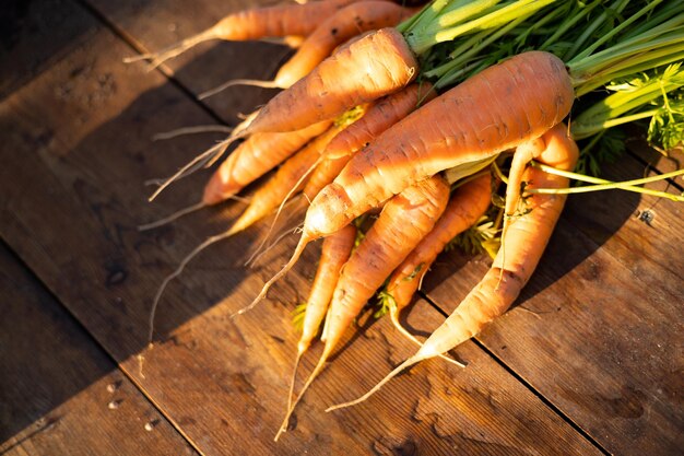 Harvest Horticulture Fresh carrots on an old wooden background natural light Space for text