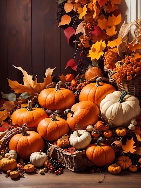 Harvest Medley Autumn Background with Pumpkins and Cornucopia