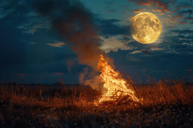 Photo harvest moon bonfire under a full moon