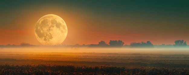 Harvest Moon Focus on a large glowing harvest moon rising over a rural landscape with a field background dusk light empty space left for text