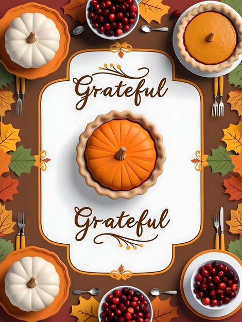 Photo harvest table border with pumpkin pie cranberries and grateful wording ideal for thanksgiving pr