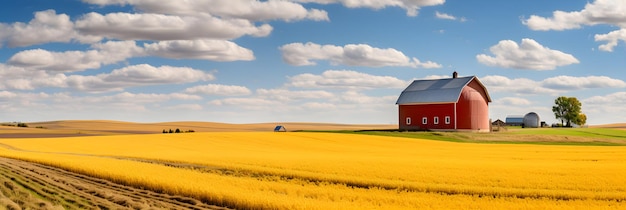 Photo harvest time vibrant autumn landscape featuring golden fields and a traditional red barn