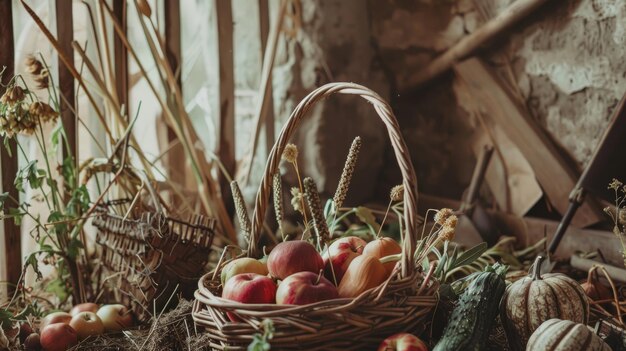 Photo harvest vegetables a basket of apples and a pitchfork in a barn