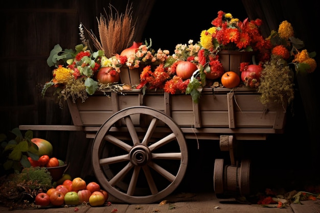 Photo harvest wagon with autumn flowers happy thanksgiving wallpaper banner background image