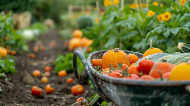 Photo harvest wheelbarrow with pumpkins squash and tomatoes on a farm in autumn