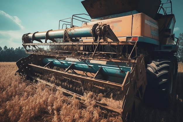 The harvester on the autumn farm