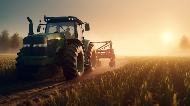 Harvesting field with combine at sunset Generative Ai