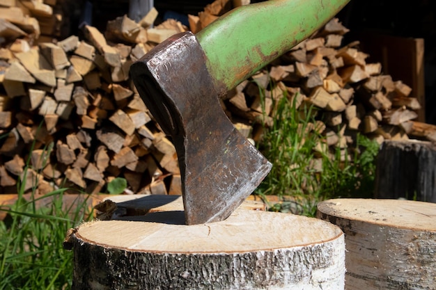 Harvesting firewood for heating houses in the cold season a large axe Winter in Europe