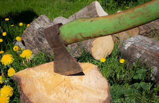 Harvesting firewood for heating houses in the cold season a large axe Winter in Europe