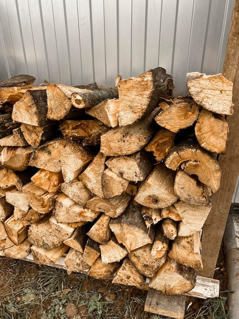 Harvesting firewood for the winter Firewood is stacked for heating the house baths