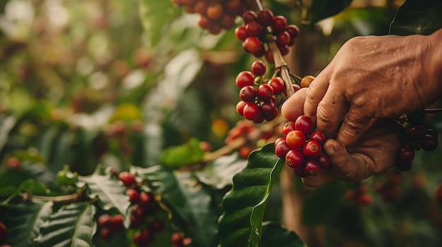 Harvesting Fresh Coffee Cherries by Hand in Sunlight