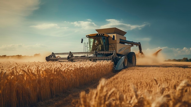 Harvesting machine working in a wheat field at sunset