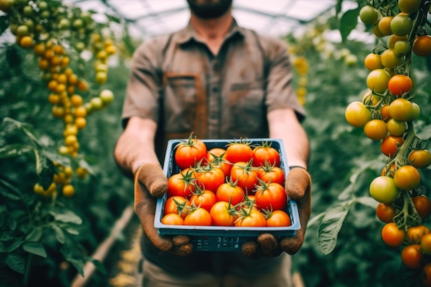 Harvesting red tomatoes in a greenhouse box of tomatoes in hand generative ai