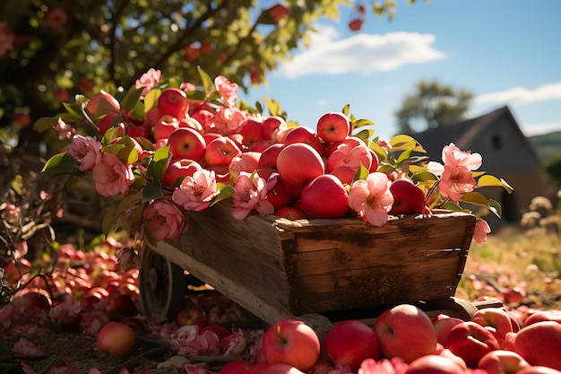 Harvesting of ripe red apples in an wooden cart on an orchard