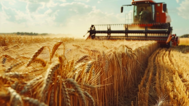 Harvesting wheat agricultural machinery filling container in field emphasizing husbandry concept