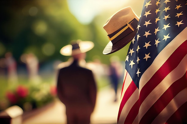 A hat and an american flag with two men