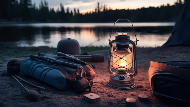 Photo a hat and bag on the beach with a lake in the background