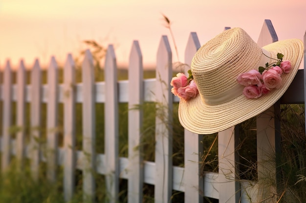 Hat and Basket on Fence in Artistic Style