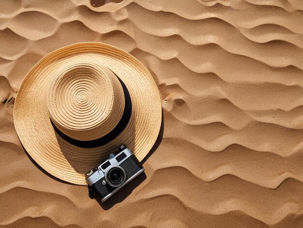 a hat and a camera are on the sand