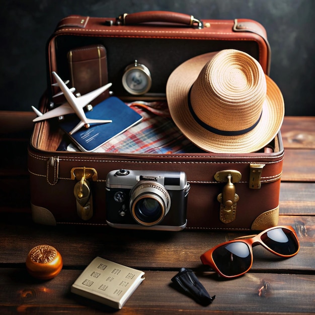 Photo a hat and a camera are on a table with a hat and sunglasses