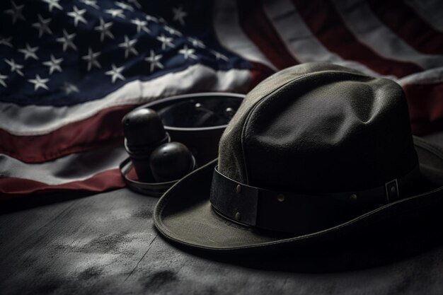 A hat and a flag are on a table.