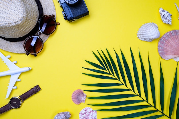 hat, glasses, seashells and palm branch on a yellow table