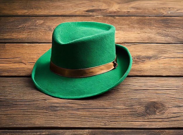 hat and green leaves on wooden background